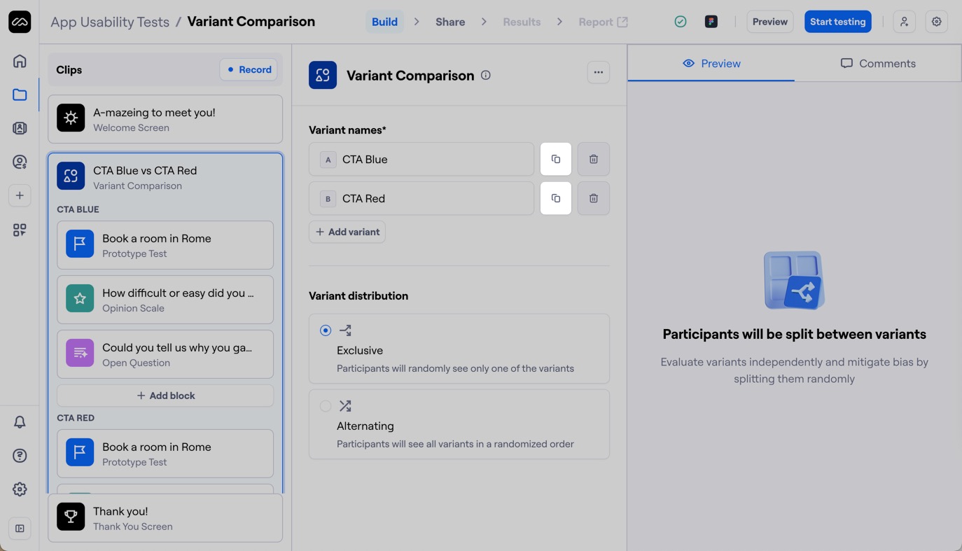 maze builder with a variant comparison block, where the duplicate variant button is highlighted