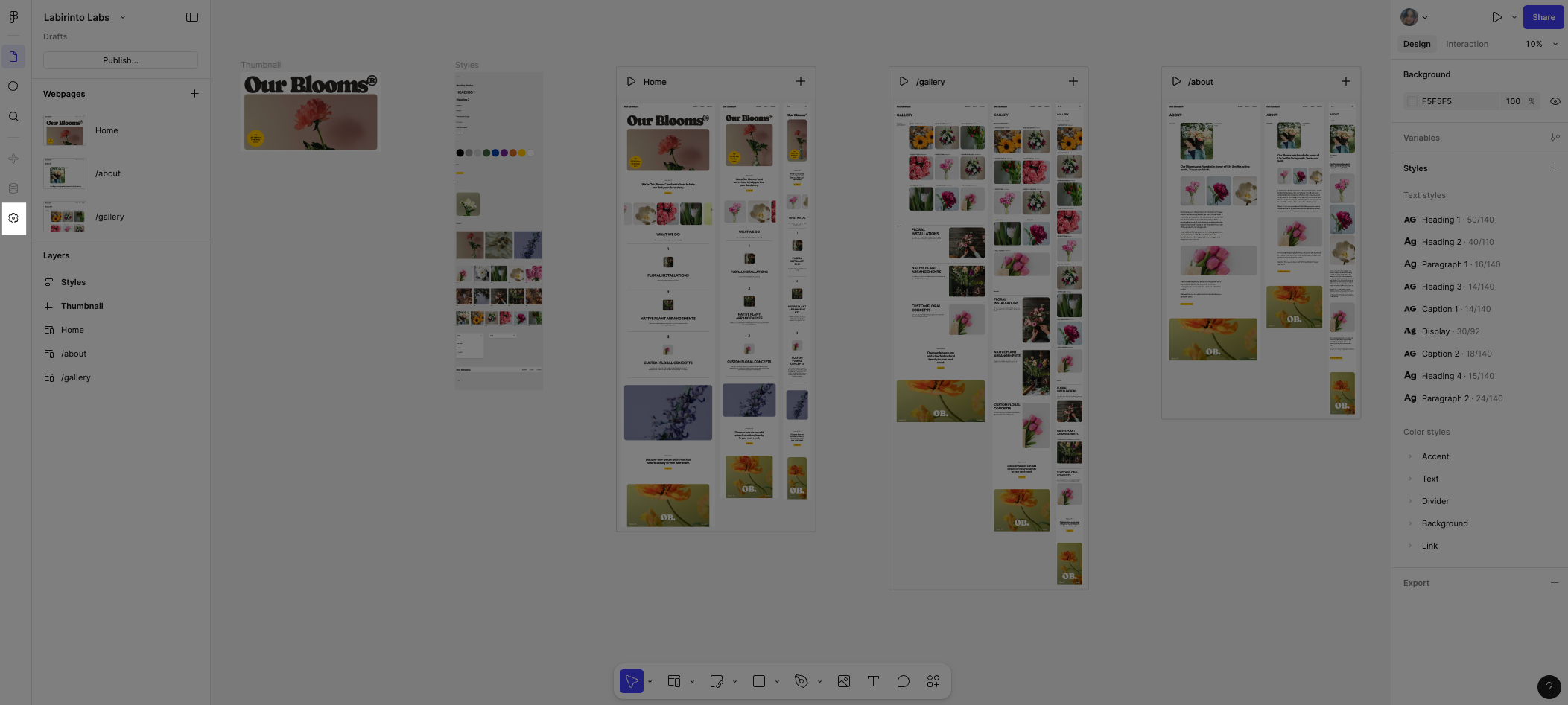 Screenshot of Figma Site design and UI with gear icon highlighted on left sidebar