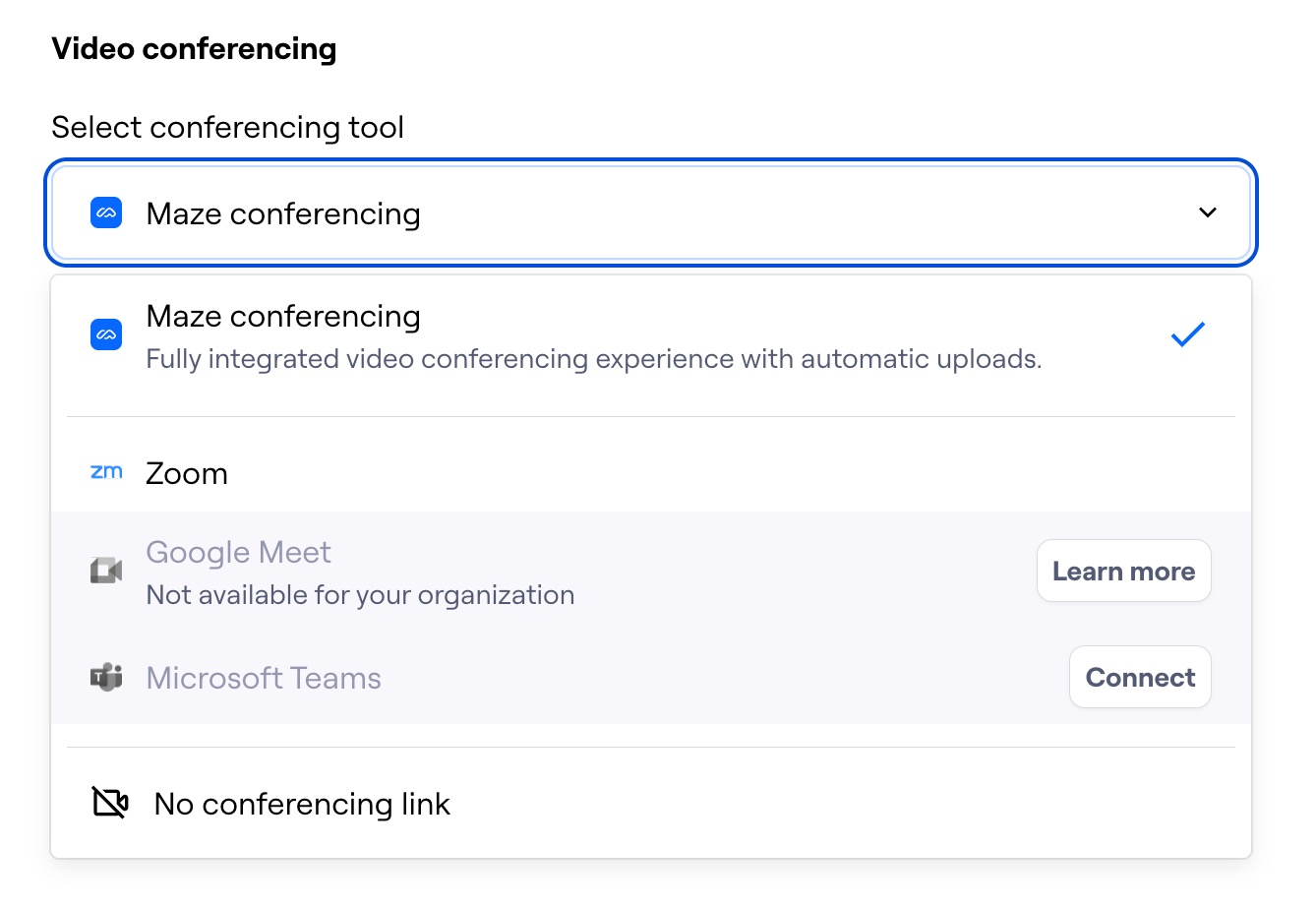Screenshot showing conferencing tool selection dropdown, with Google Meet not available