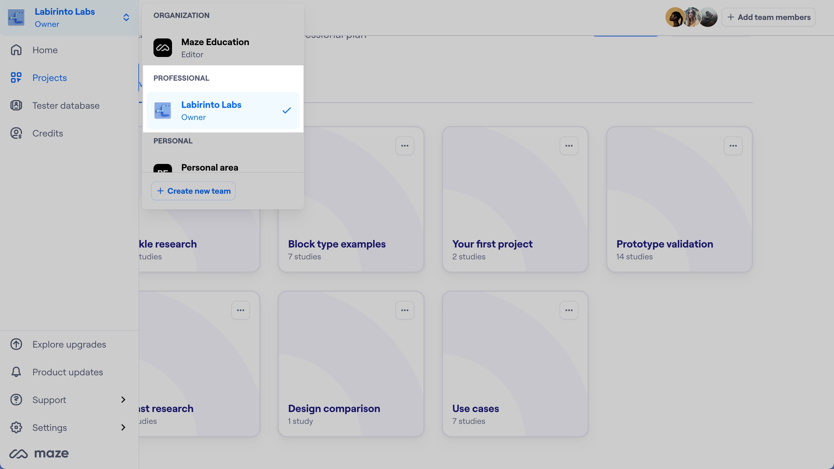 switching to a different team on the maze app
