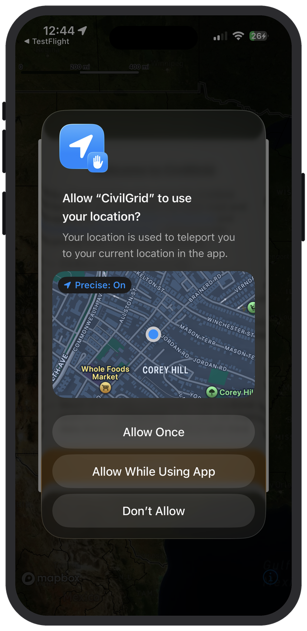 iOS location permission prompt for CivilGrid iOS location permission prompt for CivilGrid