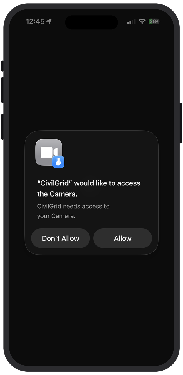 iOS camera permission prompt for CivilGrid iOS camera permission prompt for CivilGrid