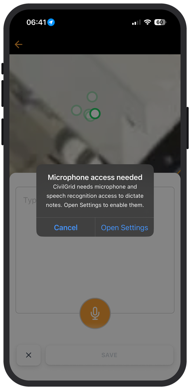 Microphone access needed alert in the CivilGrid Mobile App Microphone access needed alert in the CivilGrid Mobile App