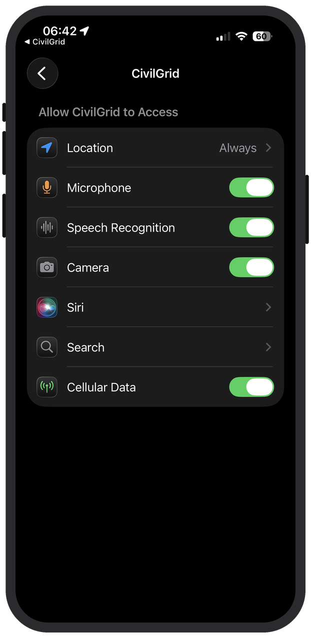 iOS Settings screen showing CivilGrid permission toggles iOS Settings screen showing CivilGrid permission toggles