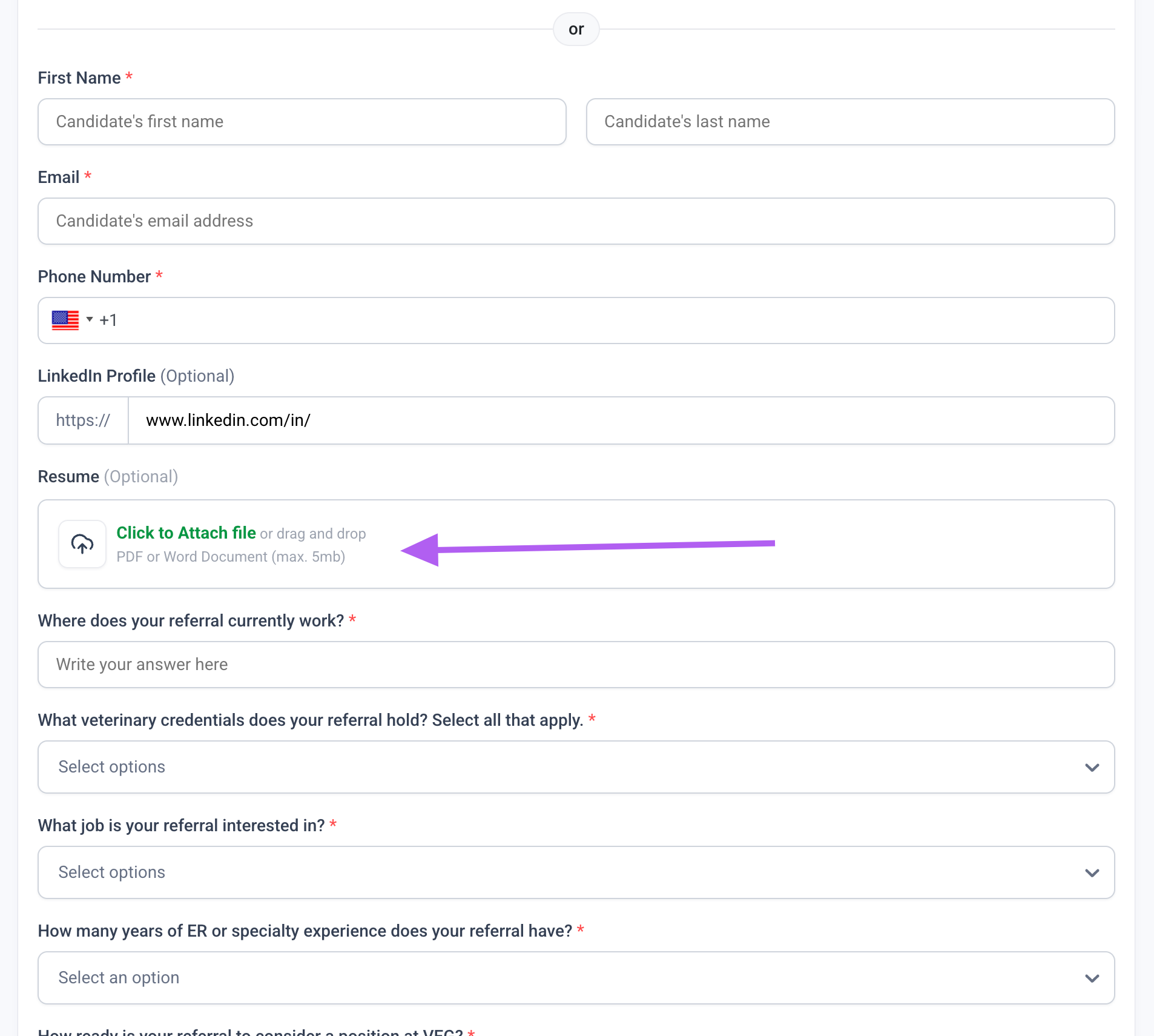 Image of a referral form screenshot showing fields for personal details, LinkedIn, and a highlighted area with a drop zone to attach a resume.