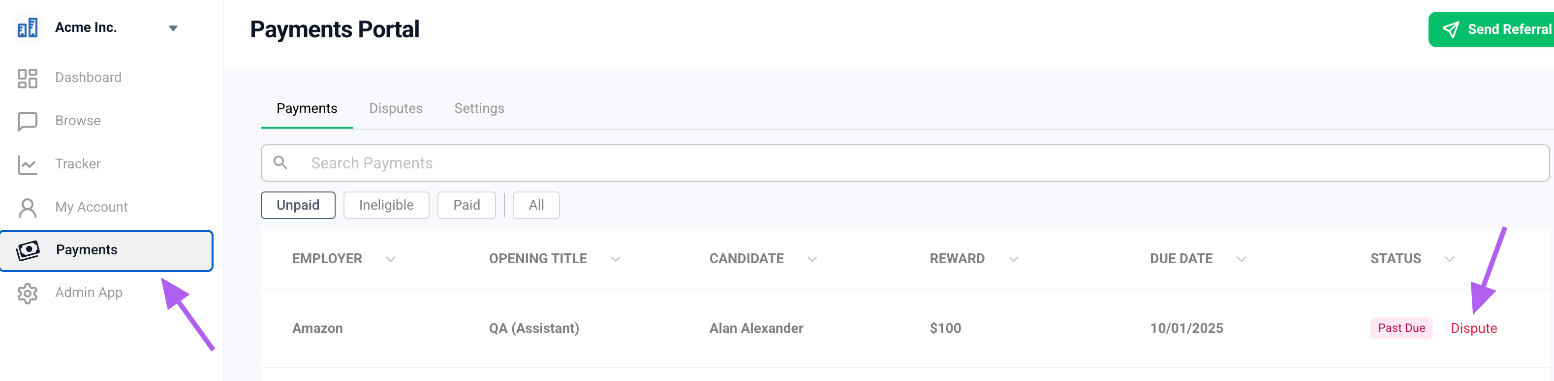 Image of a Payments Portal screenshot showing unpaid rewards with a highlighted 'Dispute' action and a left-hand navigation menu including the Payments tab.