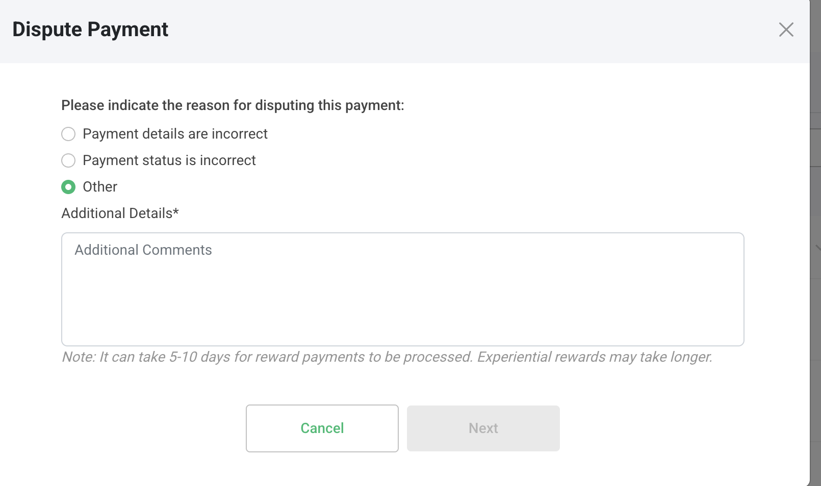 Image of a 'Dispute Payment' modal with options to indicate the reason, a text box for additional details, and Cancel/Next buttons.