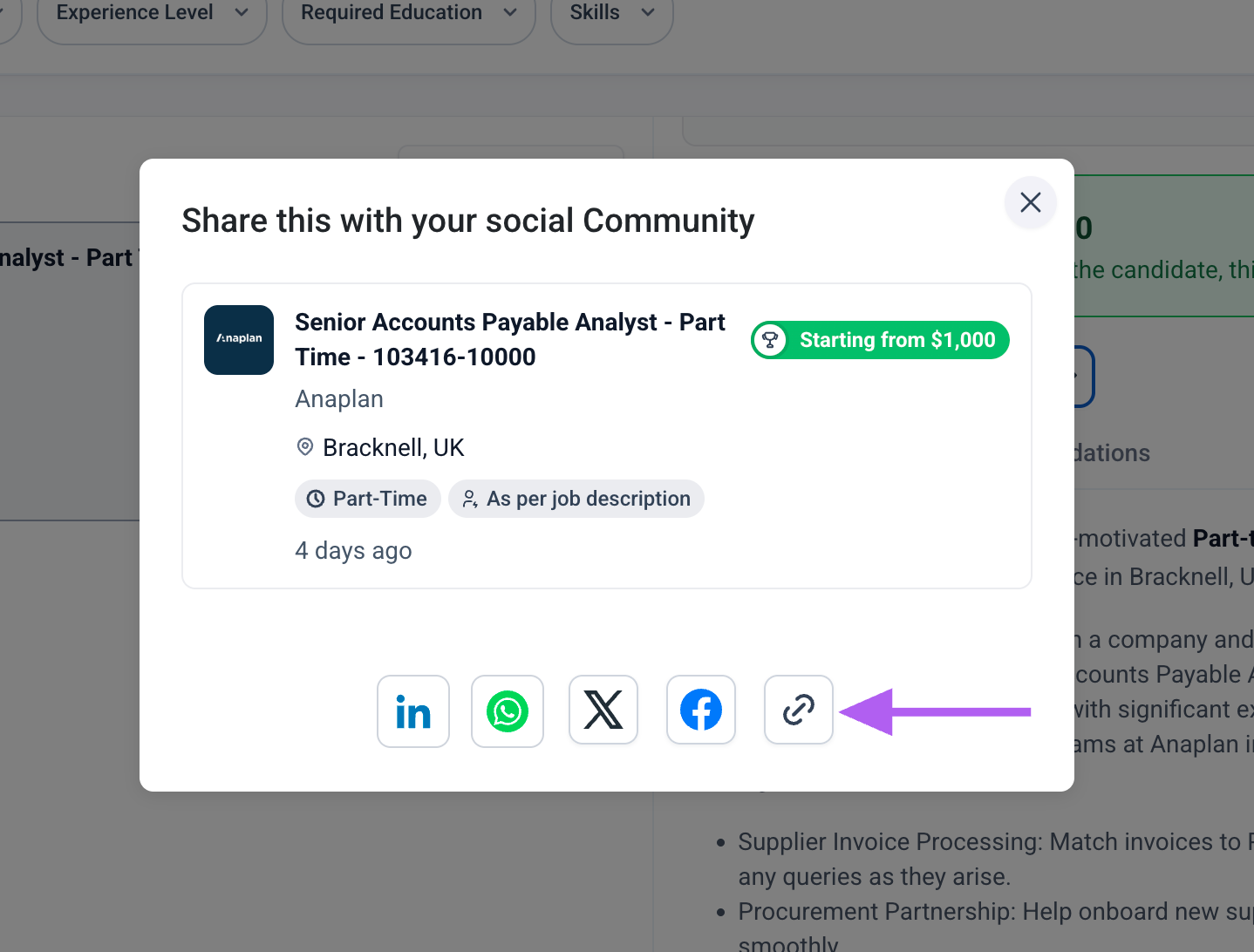 Image of a share dialog window labeled 'Share this with your social Community' showing social icons with a purple arrow pointing to a copy/link icon.