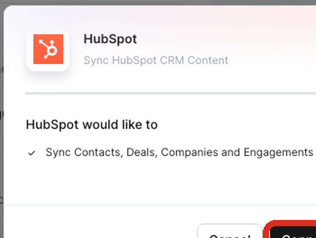 The HubSpot connection dialog in Docket listing the access it requests, with Connect highlighted