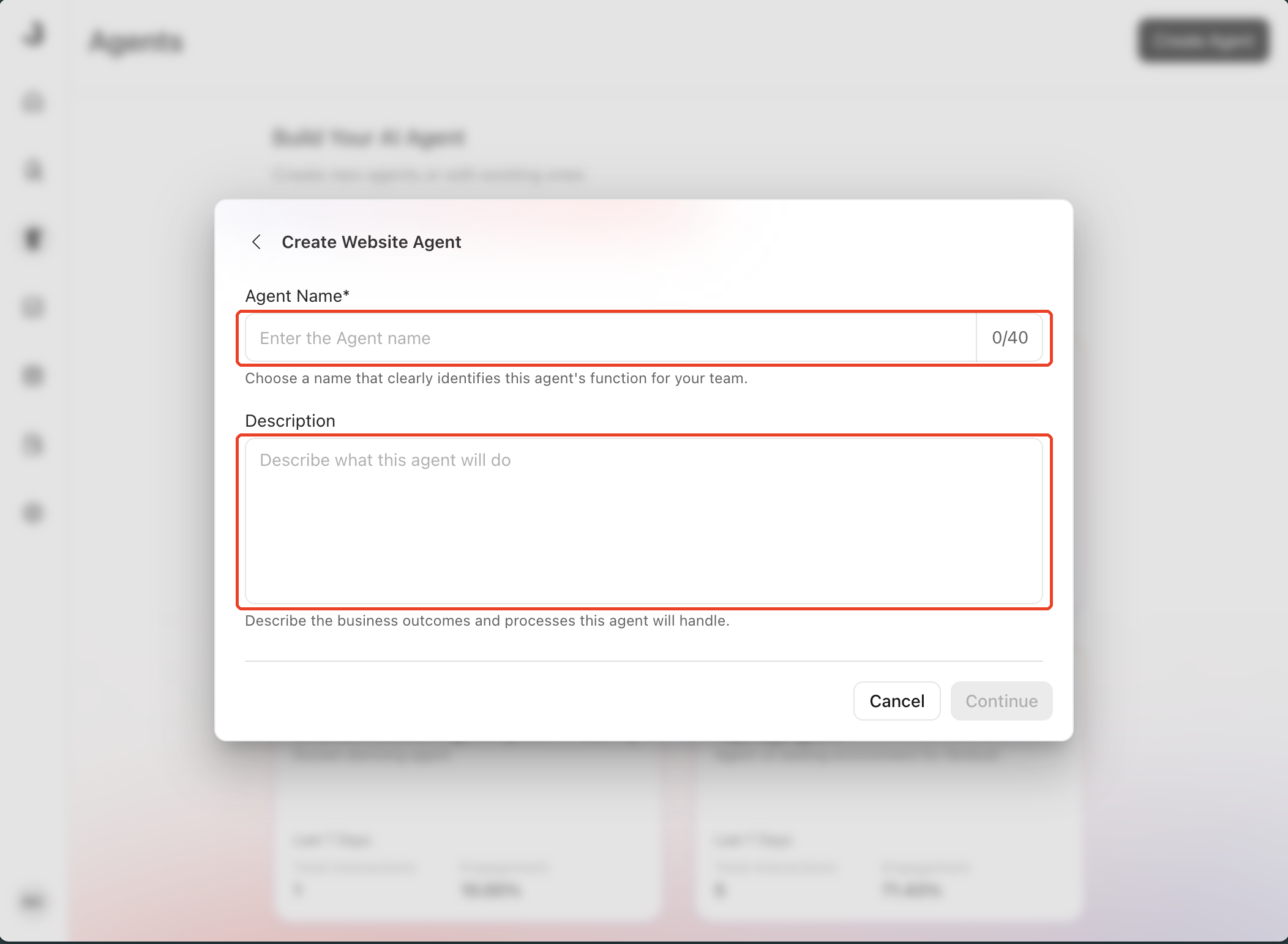 Create Website Agent dialog with the Agent Name field and its 40 character counter, and the Description field, outlined