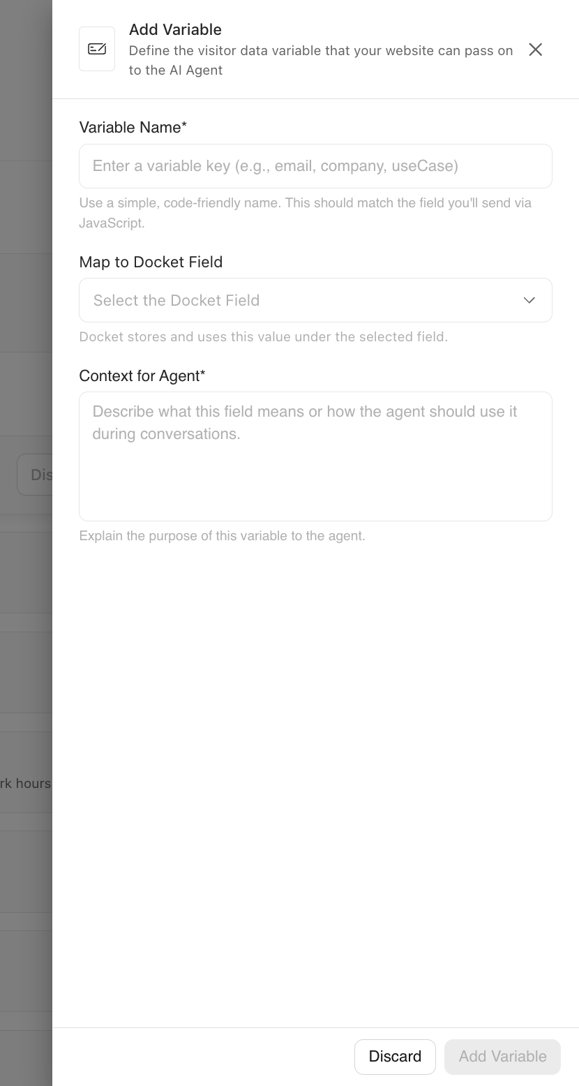 The Add Variable panel in Docket, with the Variable Name, Map to Docket Field, and Context for Agent fields.
