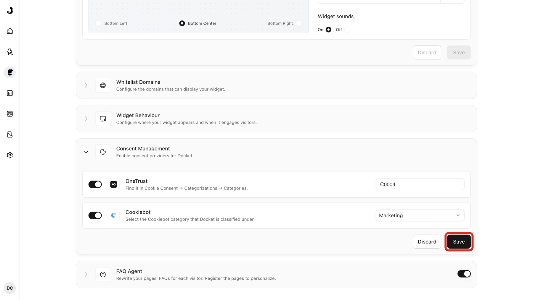 The Consent Management section with the Save button outlined, and Discard beside it. Both the OneTrust and Cookiebot switches are on, OneTrust set to C0004 and Cookiebot set to Marketing.