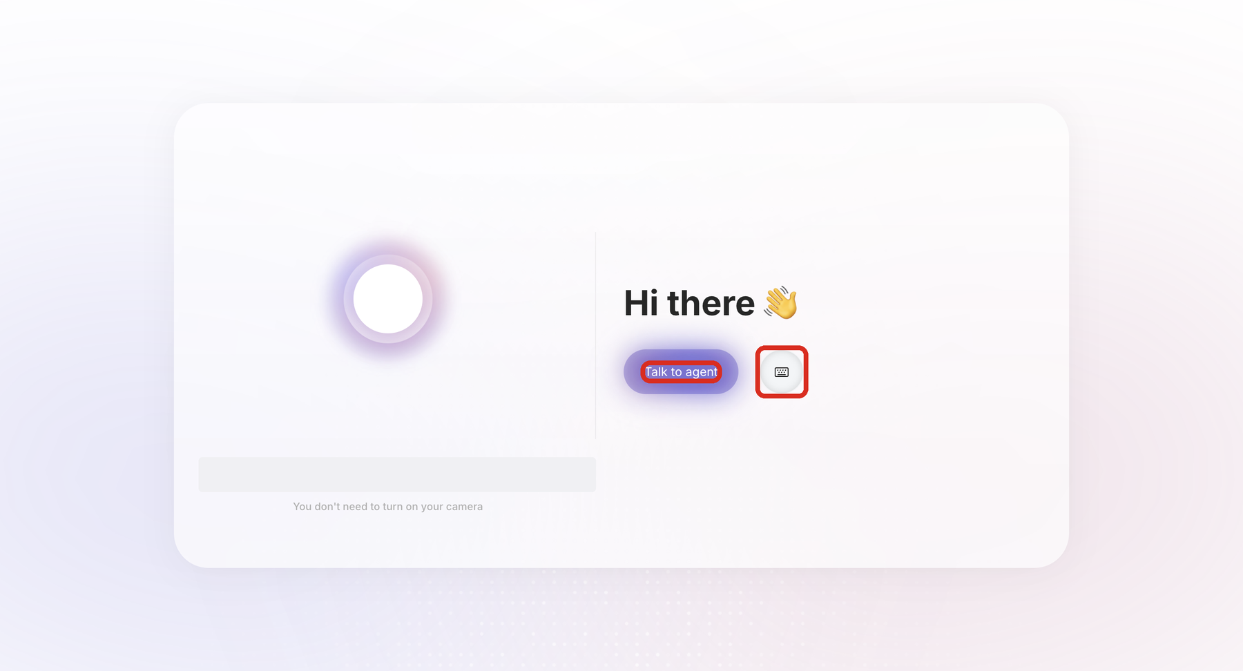 The Docket agent preview page showing the greeting, with the Talk to agent button and the keyboard button beside it outlined.