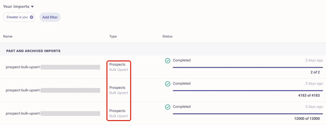 Your imports list in Outreach showing three completed Prospects Bulk Upsert imports from Docket.