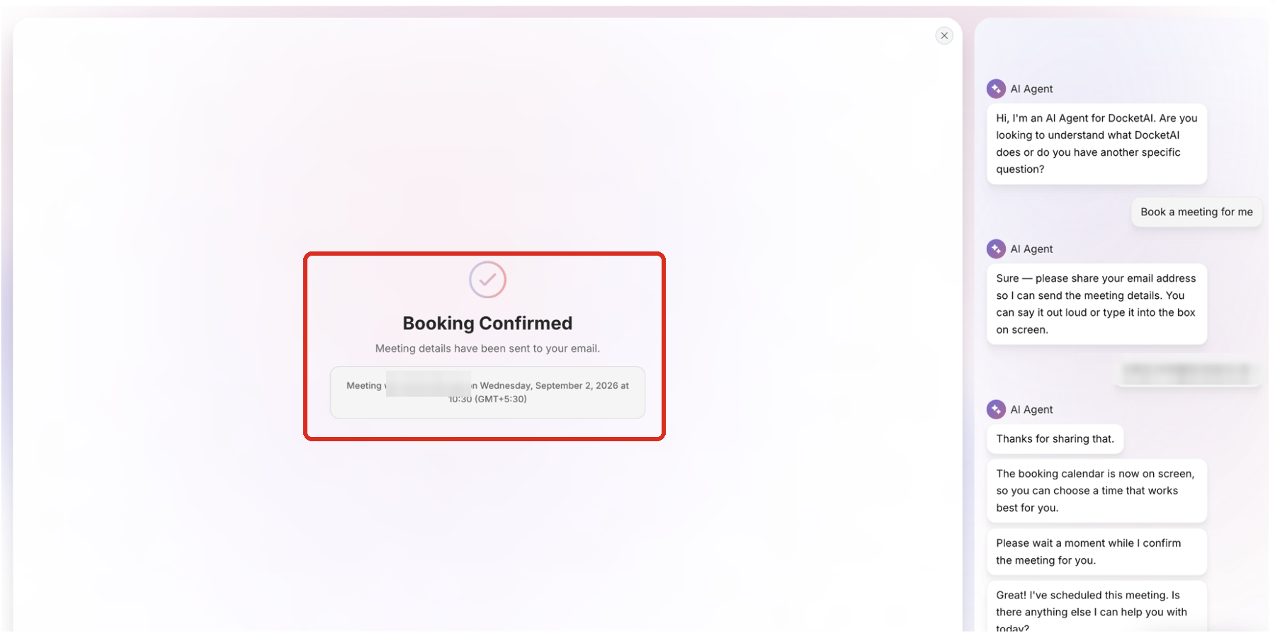 The Docket chat widget confirming a booked meeting, showing the confirmed date and time.