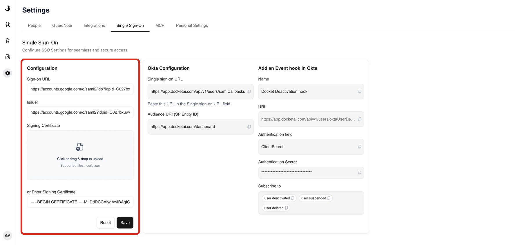 The Single Sign-On tab in Docket Settings with the Sign-on URL, Issuer and Signing Certificate fields highlighted