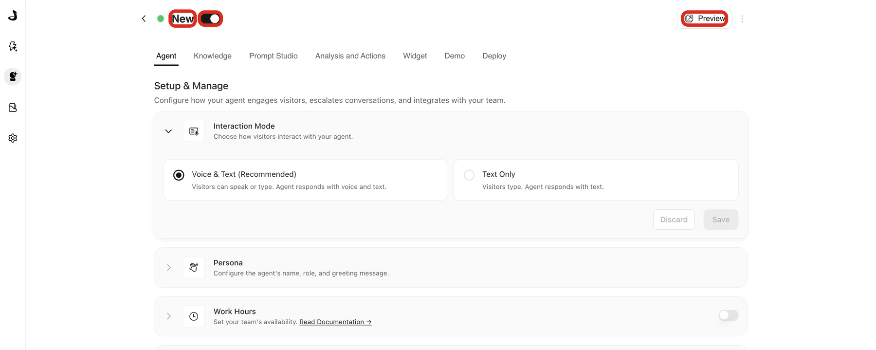 A Docket agent page with the agent name, the activate toggle beside it, and the Preview button in the top right outlined.