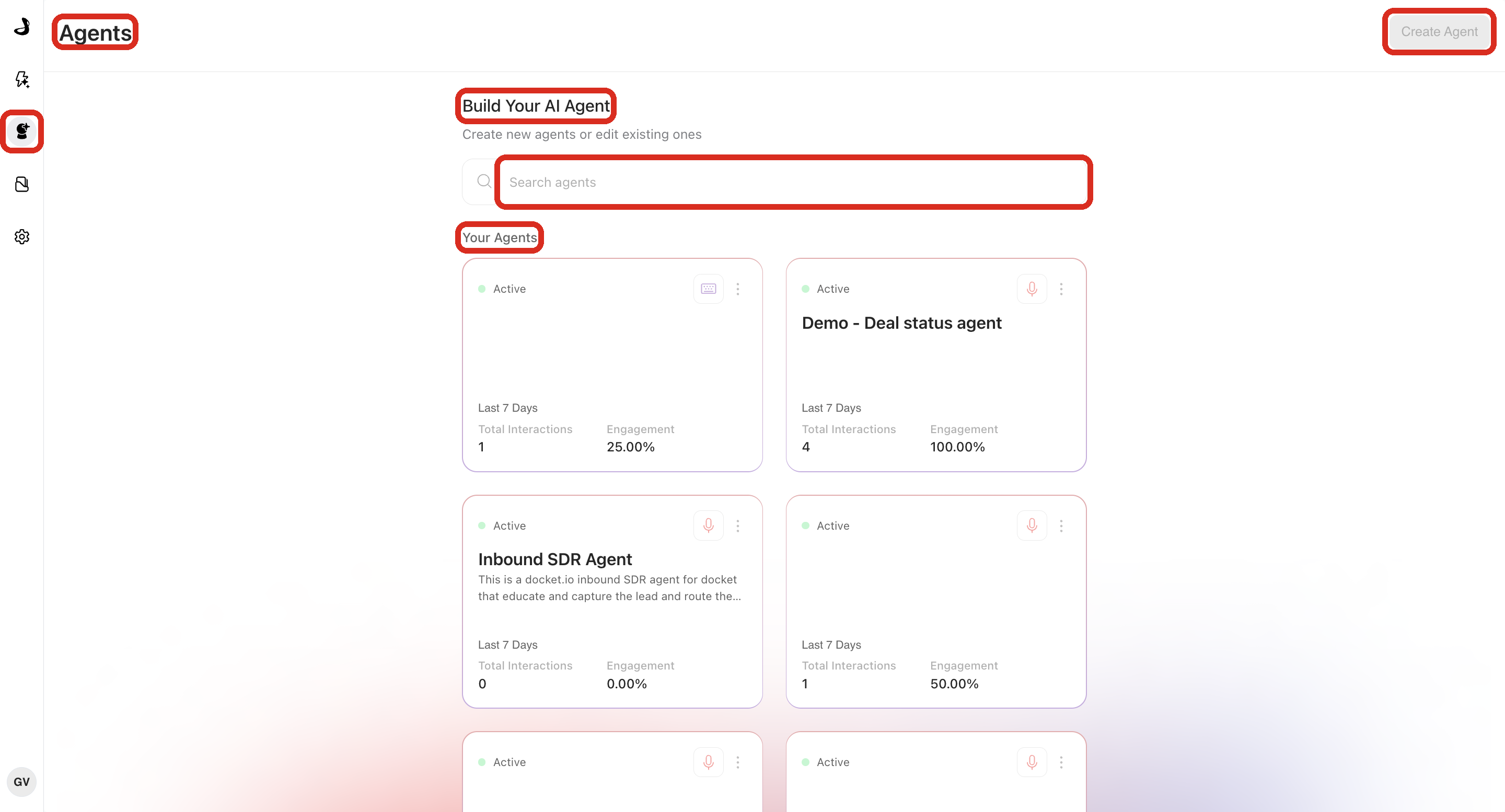 The Docket Agents page with the Marketing Agent Configuration sidebar icon, the Agents page title, the Build Your AI Agent header, the Create Agent button, the Search agents field, and the Your Agents list outlined.