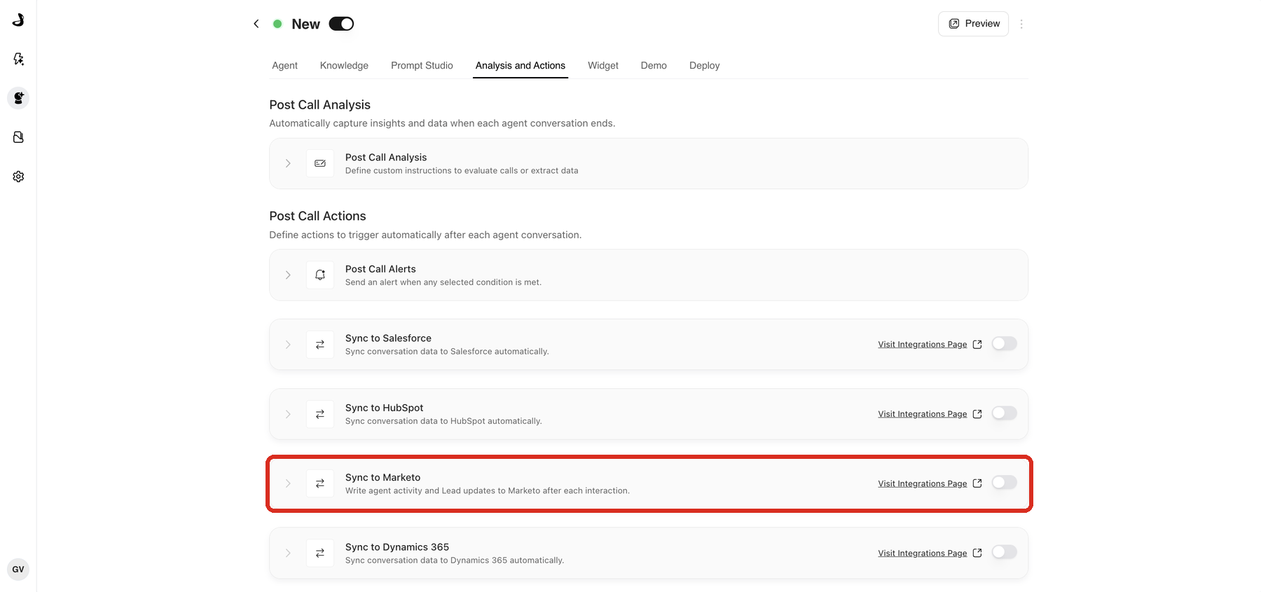 The Analysis and Actions tab of a Marketing Agent with Sync to Marketo highlighted under Post Call Actions