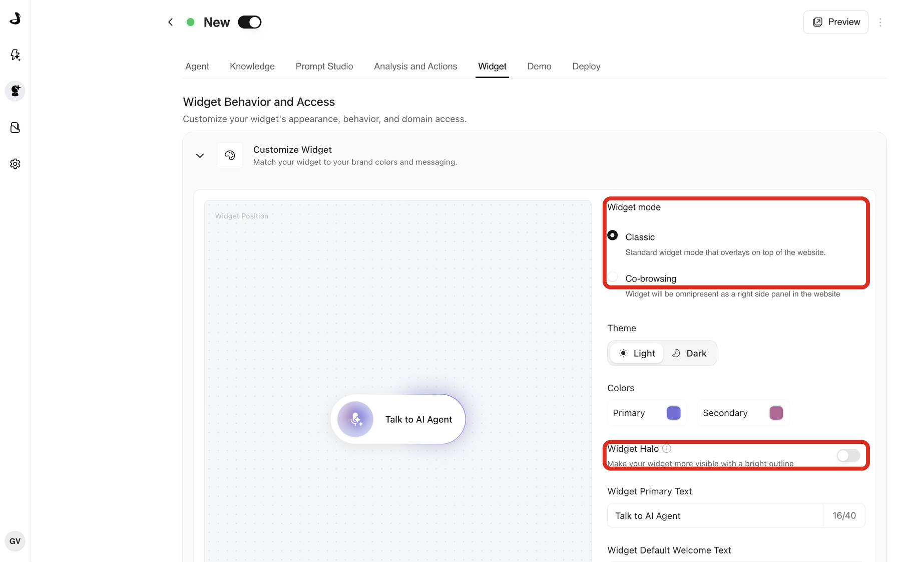 The Customize Widget section of the Docket Widget tab. The Widget mode options, Classic and Co-browsing, are outlined near the top, and the Widget Halo switch is outlined further down.