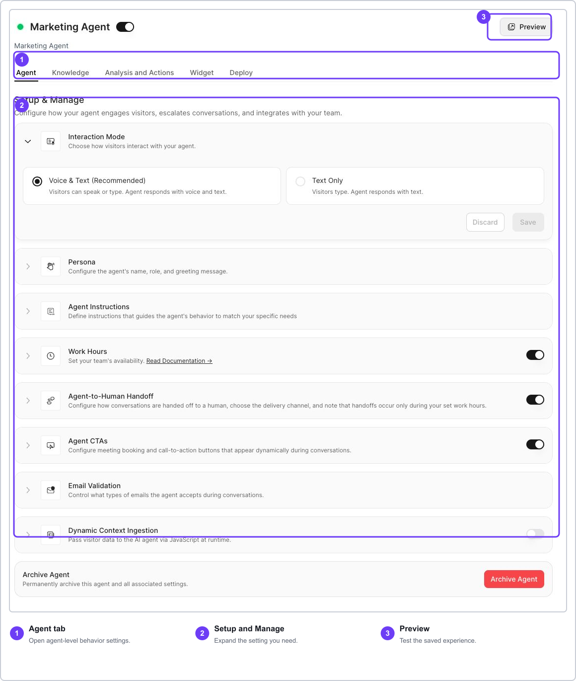 Agent tab overview showing Setup and Manage sections