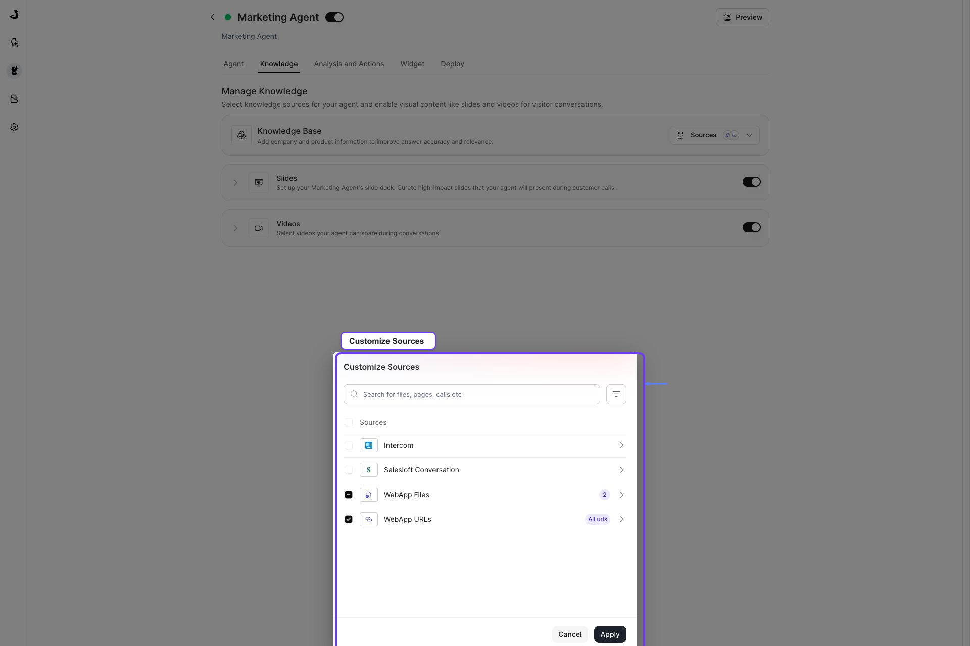 Live Customize Sources picker showing source groups and selection controls