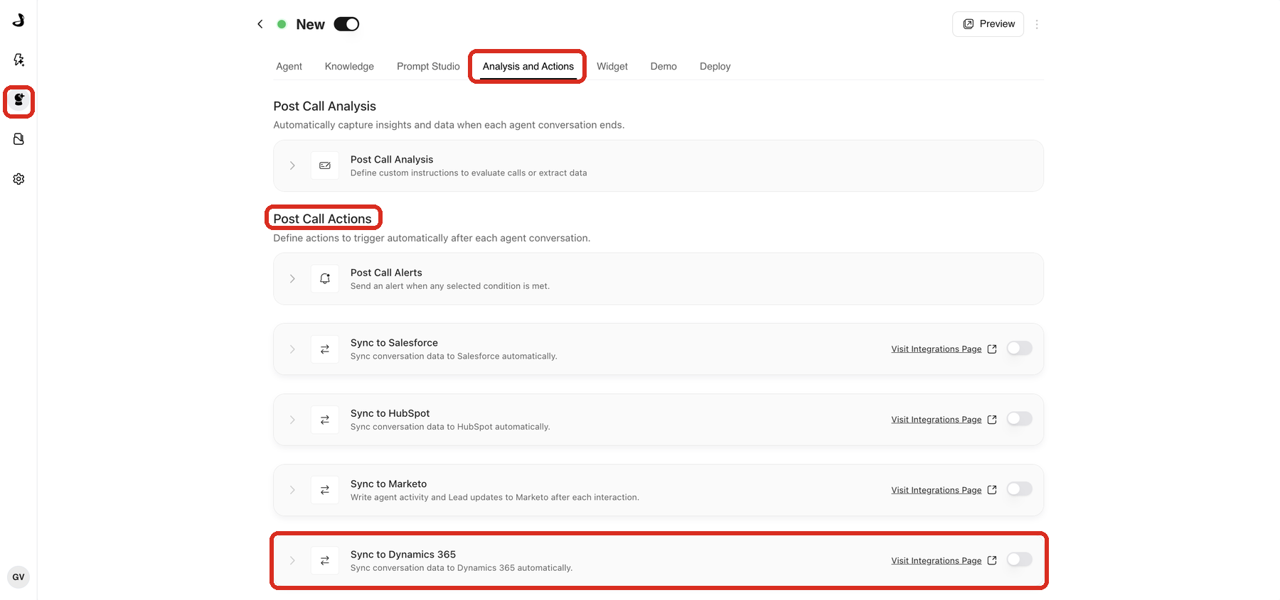 The Analysis and Actions tab of a Marketing Agent, with the Marketing Agent Configuration icon, the Analysis and Actions tab, Post Call Actions and Sync to Dynamics 365 highlighted