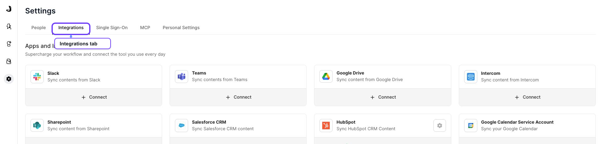 Wide Docket Settings page with the Integrations tab selected