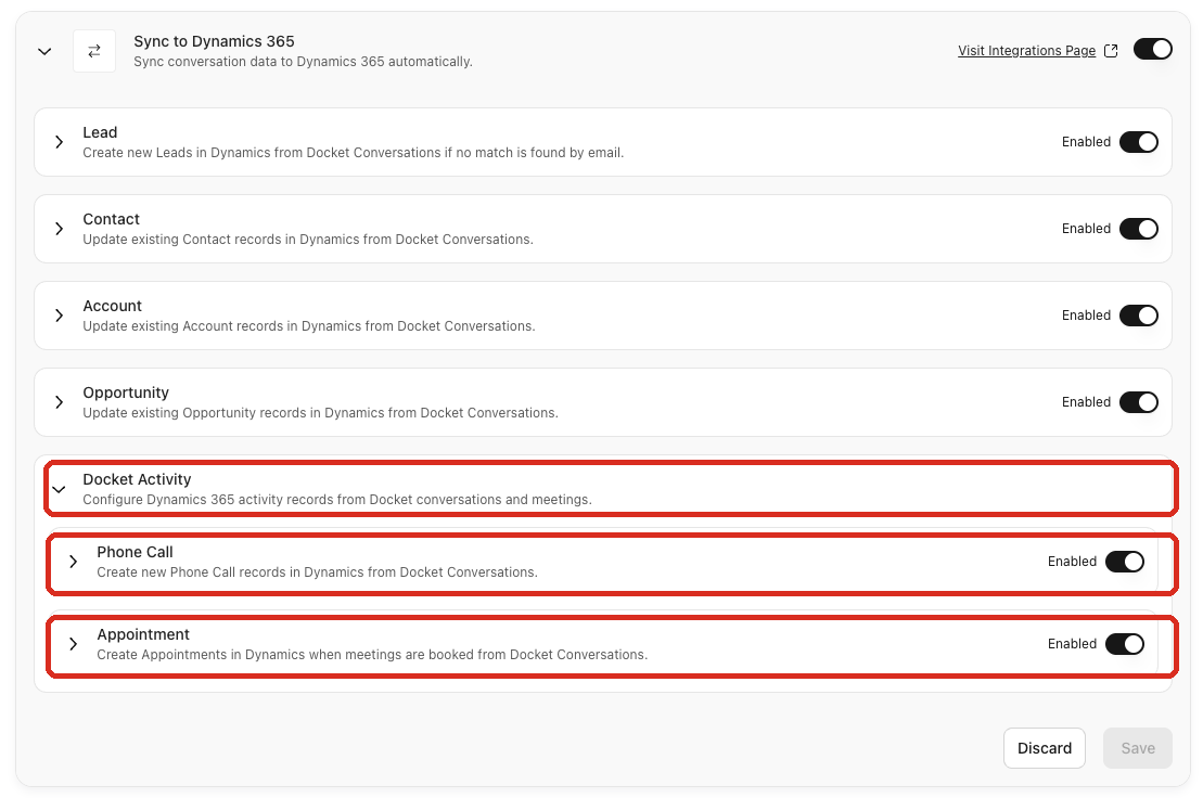 Docket Activity settings offering the Phone Call and Appointment activity types