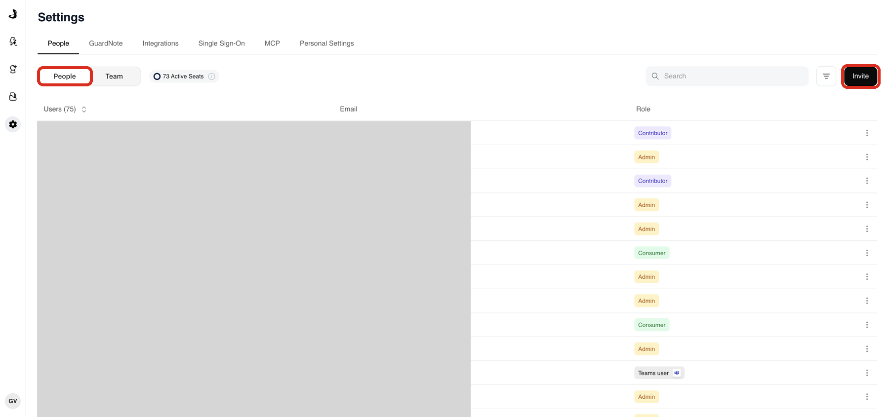 The People tab in Docket Settings, with the People view and the Invite button highlighted