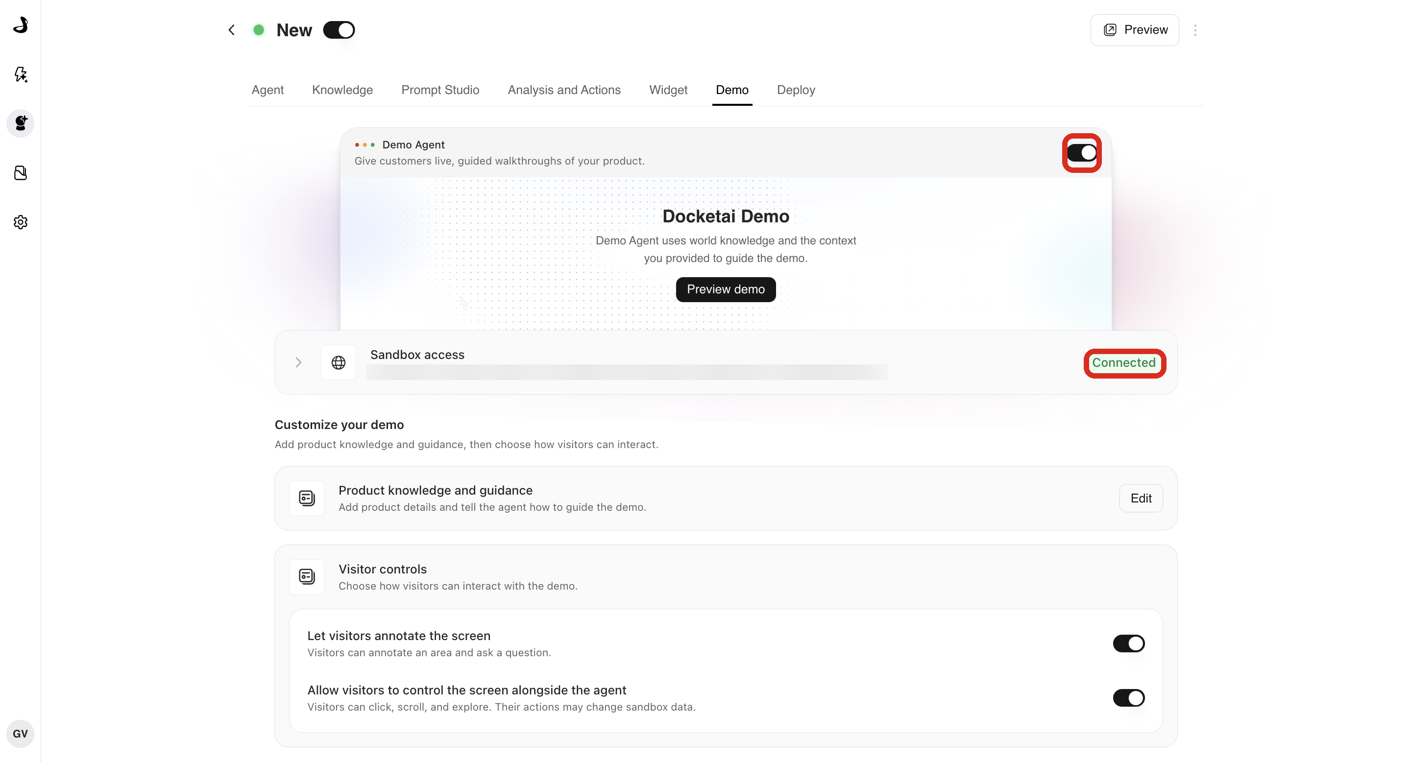 The Demo tab after a sandbox is connected, highlighting the Enable Demo Agent switch and the Connected status