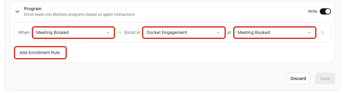 Program enrollment configuration in Docket showing the program and status selectors