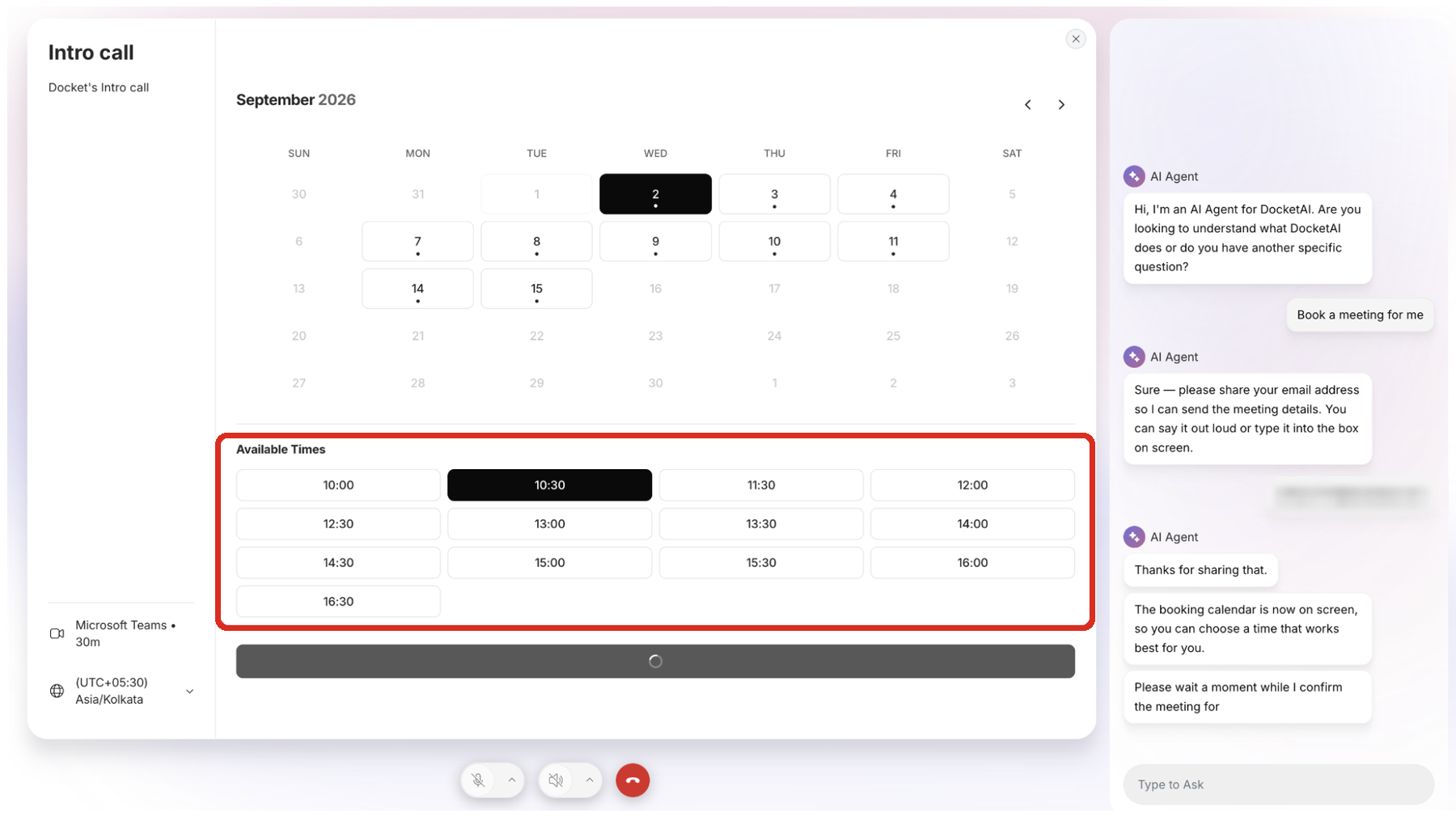 The Docket chat widget offering a visitor bookable times drawn from a rep's Outlook availability, with the Available Times list outlined.