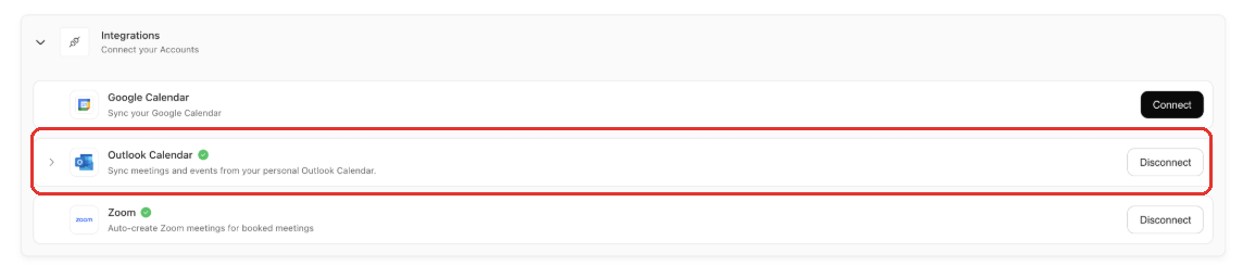 The Outlook Calendar row in Docket Personal Settings showing a connected account and a Disconnect option.