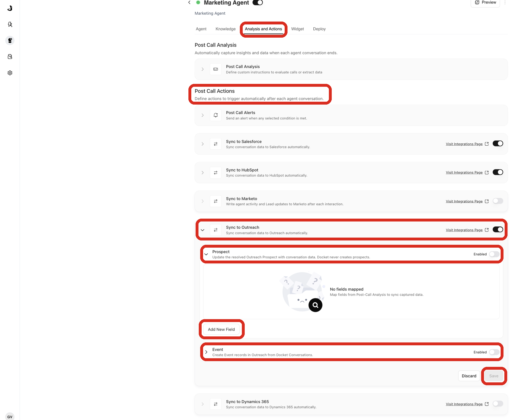 Analysis and Actions tab of a Marketing Agent with Sync to Outreach expanded under Post Call Actions, and the Prospect, Add New Field, Event and Save controls highlighted.
