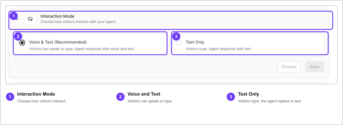 Interaction Mode controls showing Voice and Text selected and Text Only available