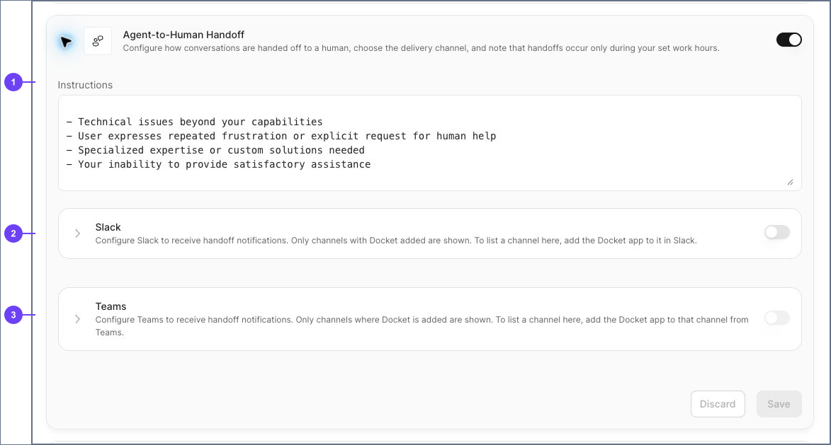 Agent-to-Human Handoff panel showing the delivery options affected by the Work Hours schedule