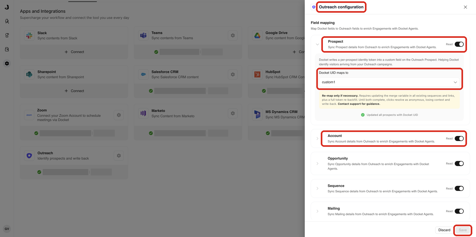 Outreach configuration panel in Docket with Read on for Prospect, the Docket UID maps to field set to custom1, Read on for Account, and the Save button highlighted.