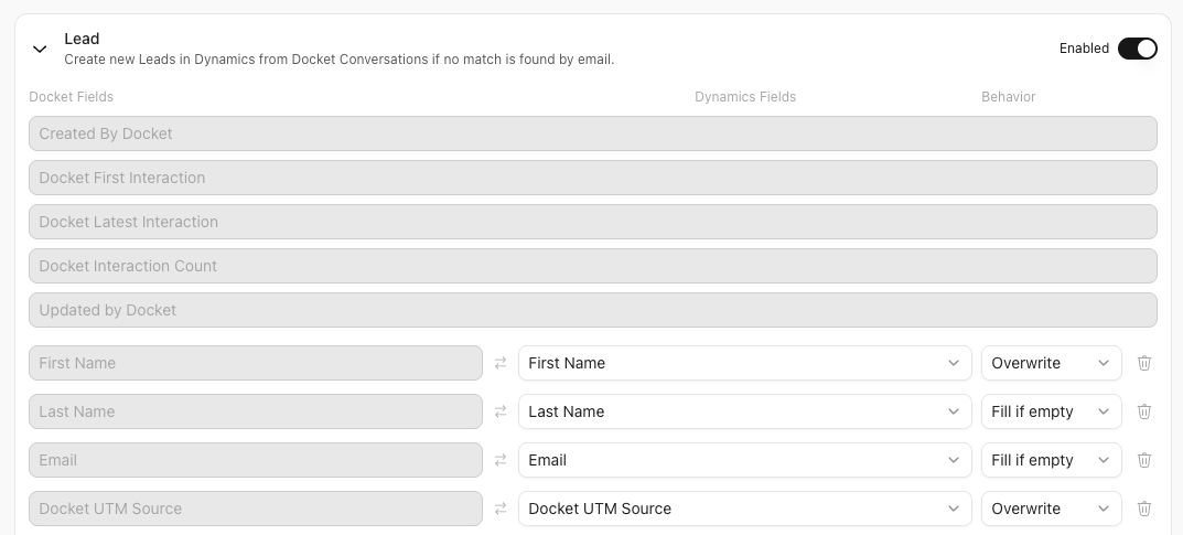 Dynamics Lead field mappings with Fill if empty and Overwrite behavior options