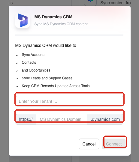 The MS Dynamics CRM connection dialog with the Tenant ID field, Dynamics domain field and Connect highlighted