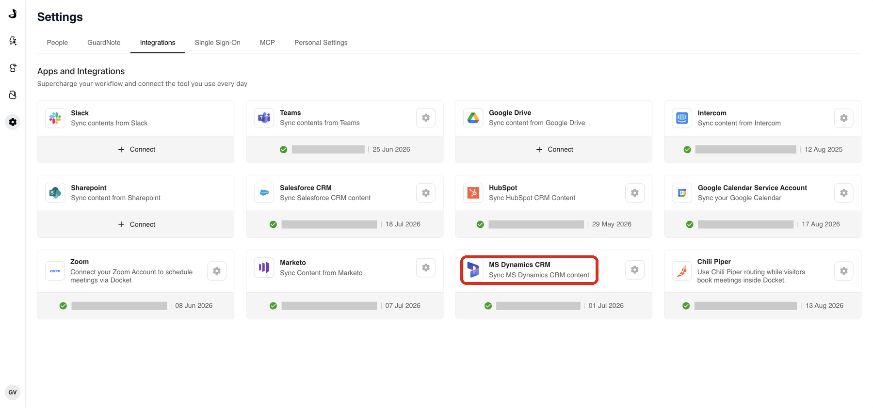 The Apps and Integrations page in Docket Settings with the MS Dynamics CRM card highlighted