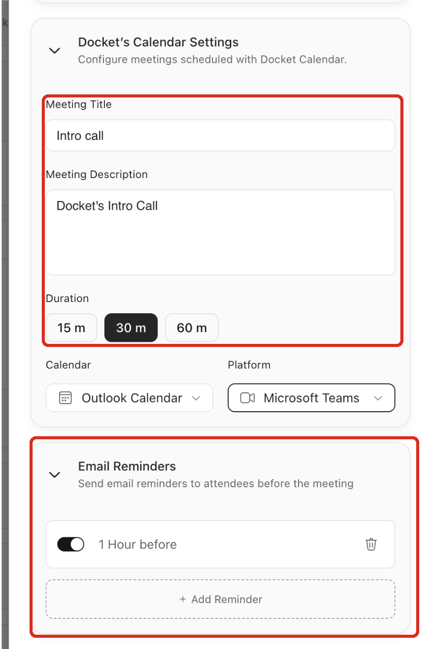 Docket's Calendar Settings with Meeting Title, Meeting Description and Duration outlined, and the Email Reminders section outlined.