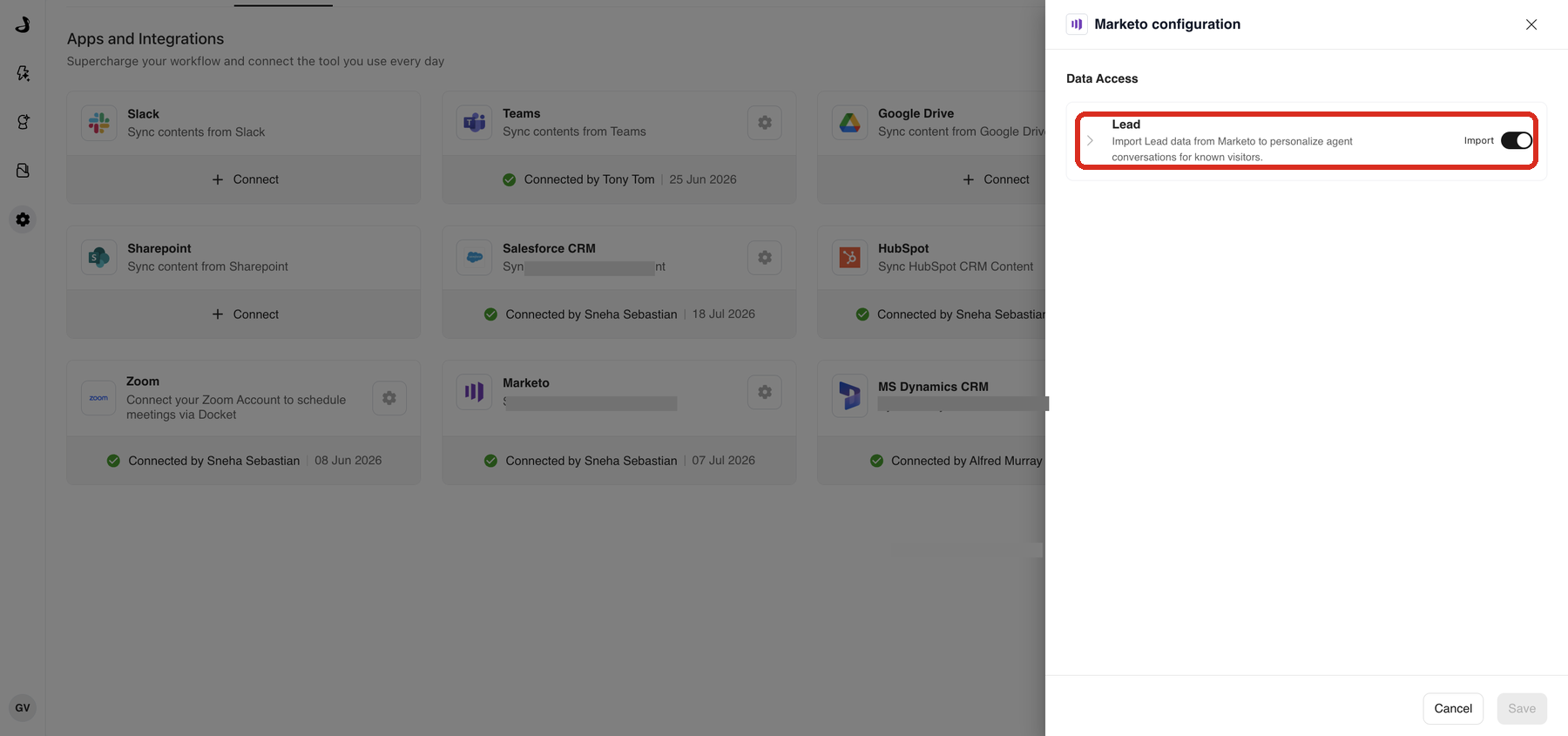 Marketo configuration panel in Docket with the Lead Import toggle highlighted under Data Access