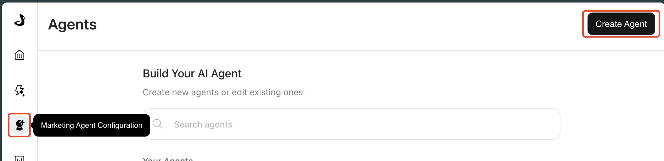 Agents page with the Marketing Agent Configuration nav icon and the Create Agent button outlined