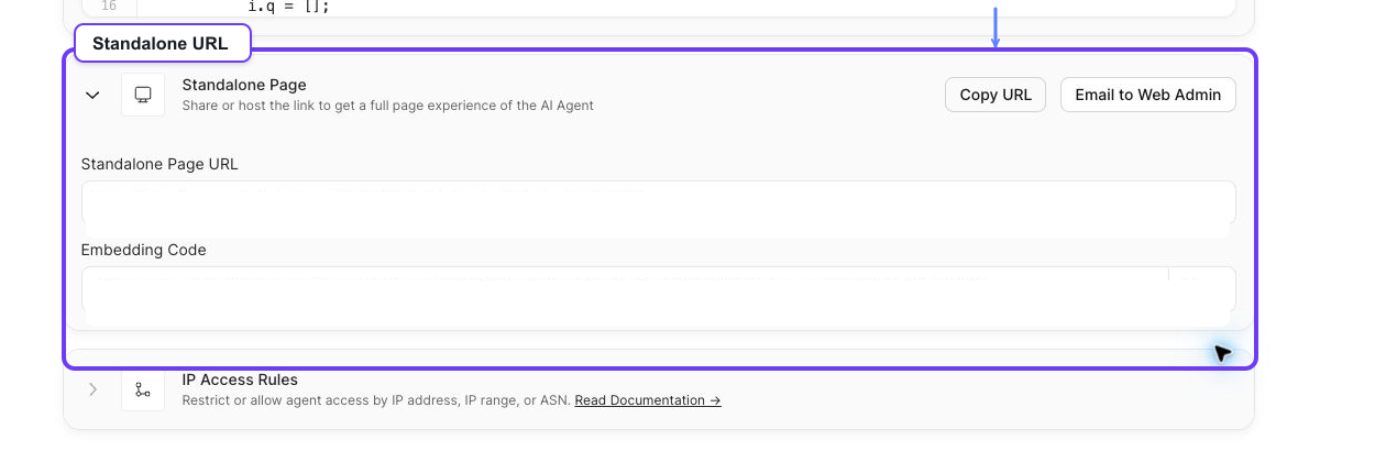 Standalone Page section with the real Copy URL and Email to Web Admin actions