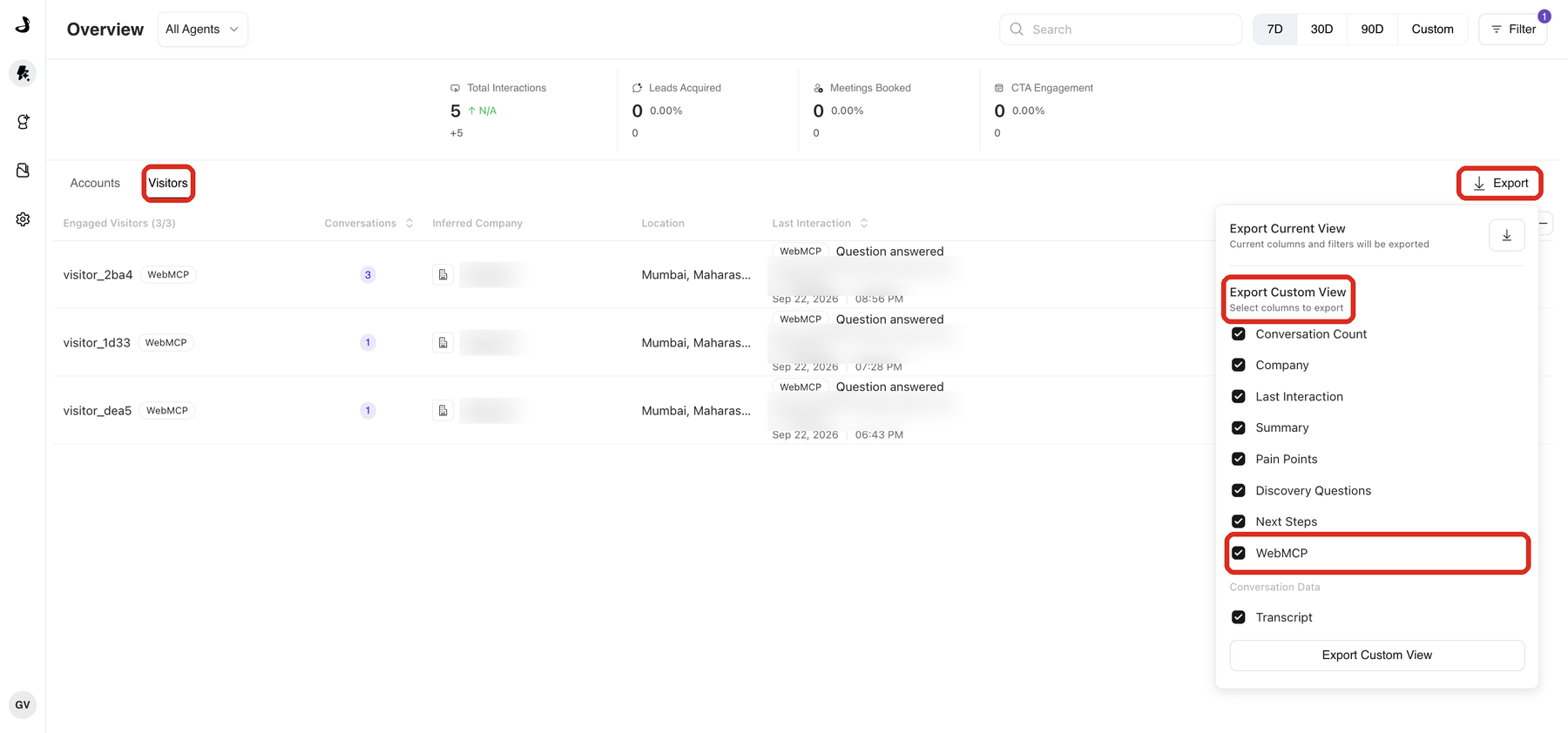 Visitors tab with the Export button, the Export Custom View heading, and the ticked WebMCP column highlighted