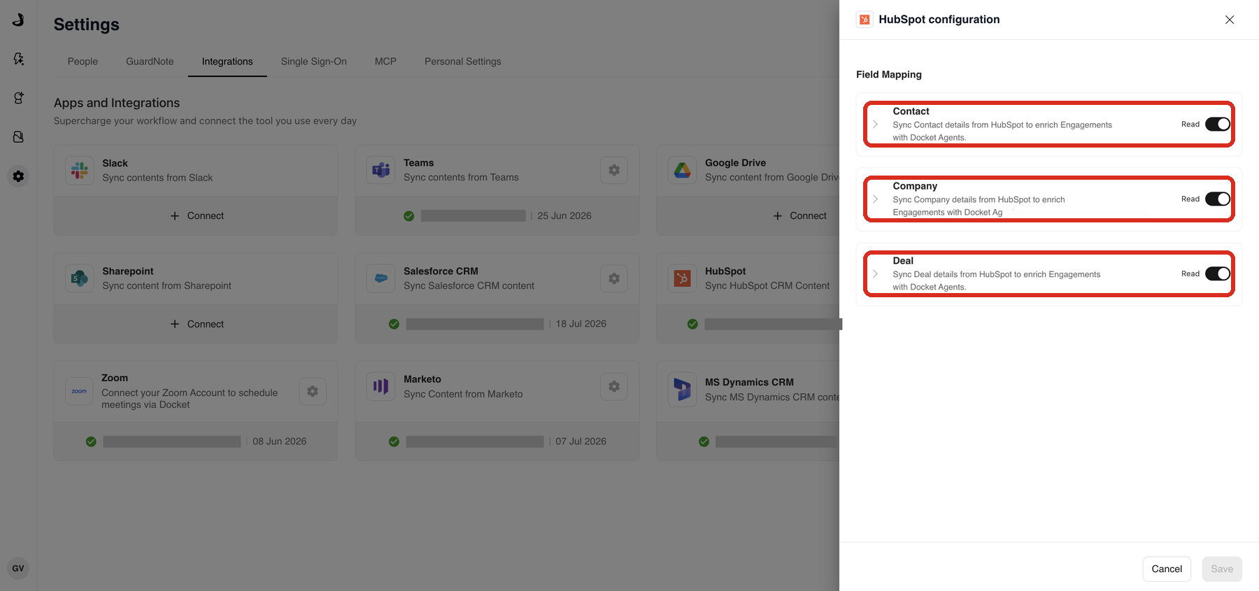 HubSpot configuration panel in Docket with the Read toggles for Contact, Company and Deal highlighted
