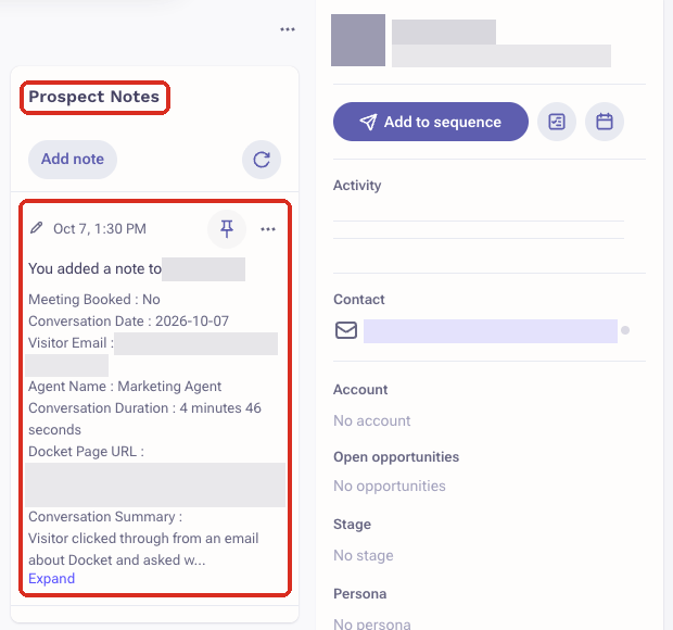 Prospect Notes tile on an Outreach prospect page showing a pinned Docket note with Meeting Booked, Conversation Date, Agent Name, Conversation Duration and Conversation Summary. The prospect name, email and conversation link are redacted.