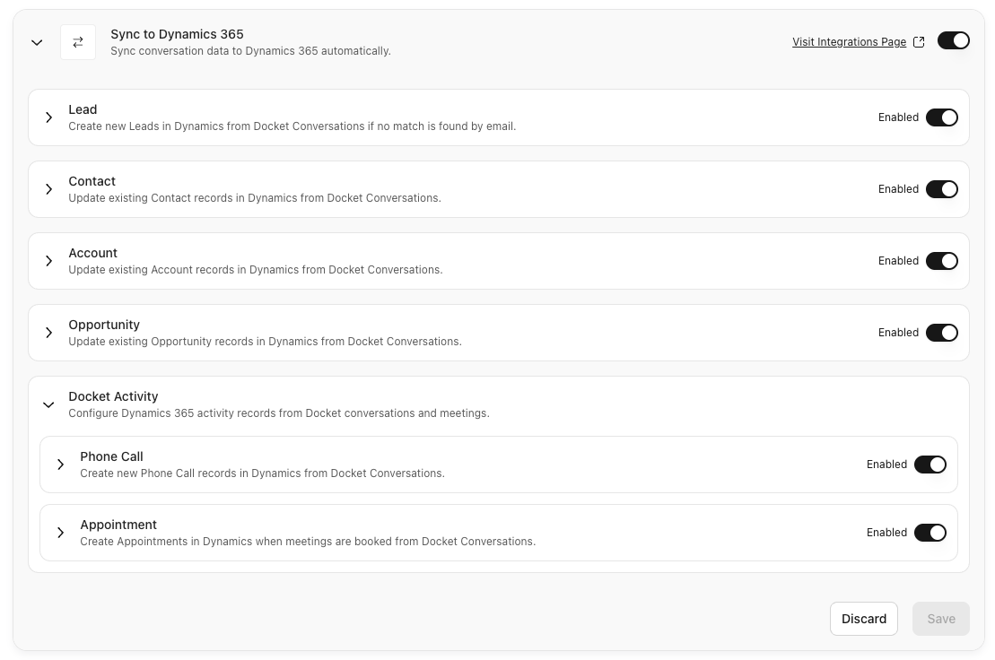 Sync to Dynamics 365 settings with Docket Activity, Phone Call, and Appointment enabled