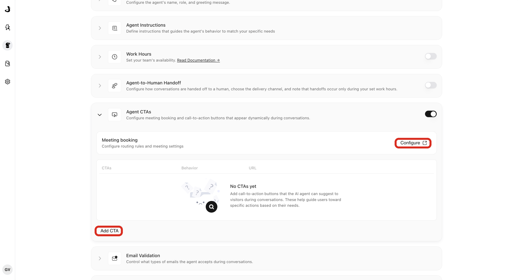 Agent CTAs open on the Docket Agent tab, with the Configure button on the Meeting booking card and the Add CTA button outlined